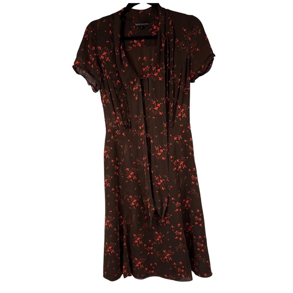 Marks & Spencer Dress Brown Orange Floral Print 100% Silk Retro US 6 Womens